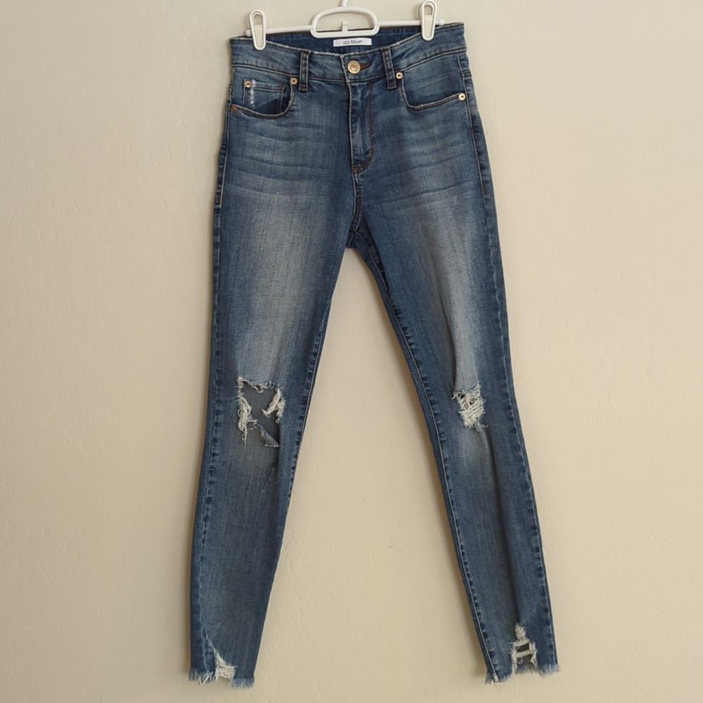 STS Blue Denim Jeans Gold Brown Distressed Raw Hem - Size 5